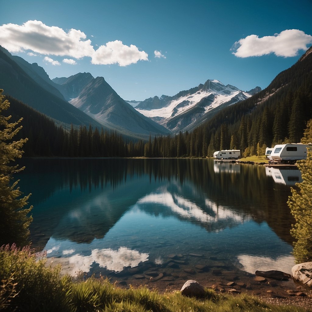 A serene lakeside surrounded by towering mountains, with motorhomes parked in designated campsites and a clear starry sky above