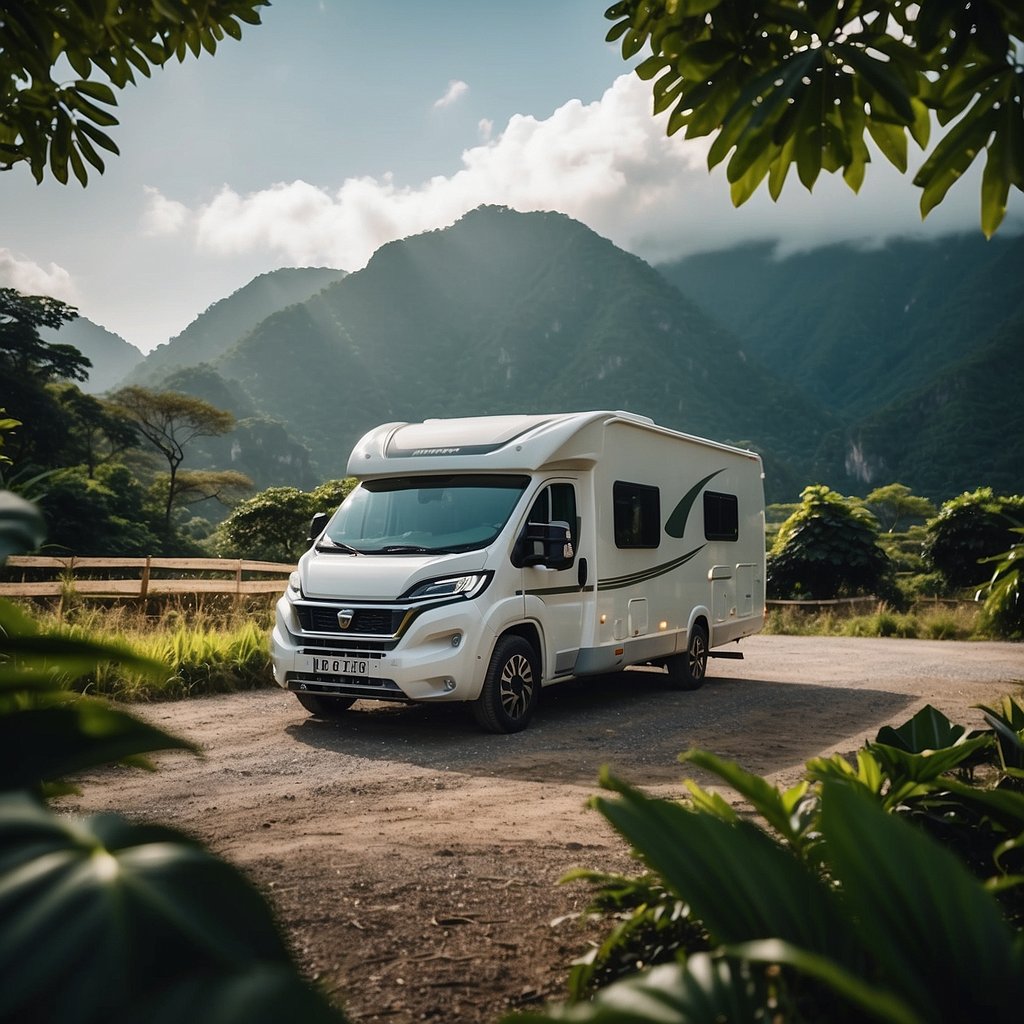 The motorhome is parked at a scenic campsite in Asia. It is surrounded by lush greenery and mountains in the distance. The vehicle is being prepped with maintenance, mods, and upgrades for extended travel