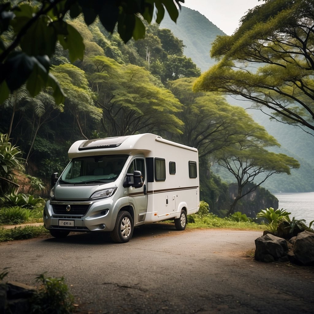 Motorhome parked at scenic campsite in Asia. Budgeting spreadsheets and cost breakdowns displayed on a table. Lush greenery and mountains in background