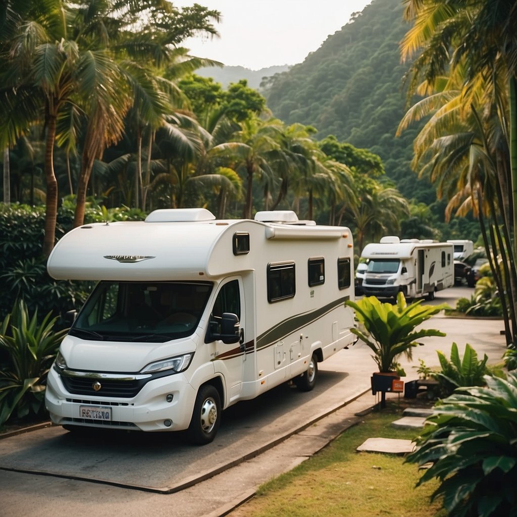 A serene motorhome campsite nestled in the lush landscapes of Asia, with spacious parking spots, modern facilities, and breathtaking views