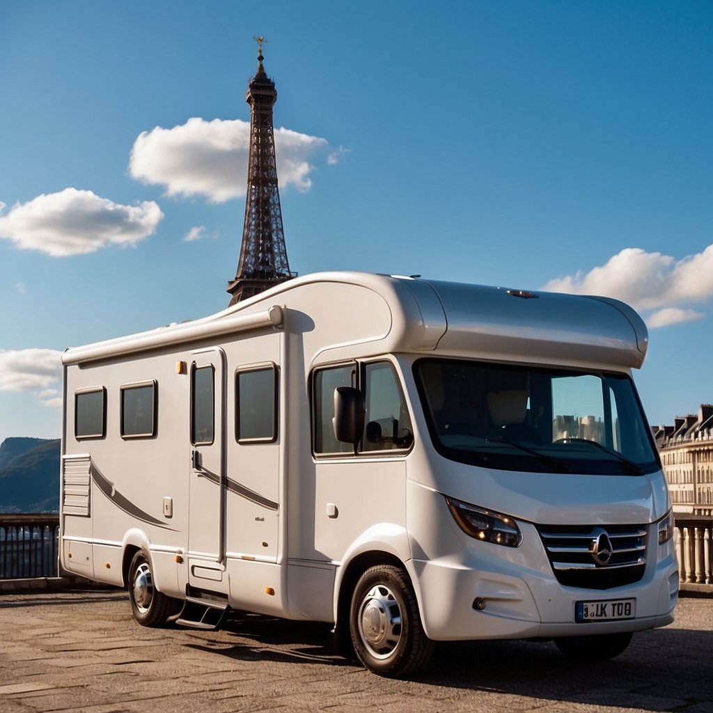 A motorhome parked in front of iconic European landmarks, with a map and guidebook on the dashboard. Sunshine and blue skies in the background