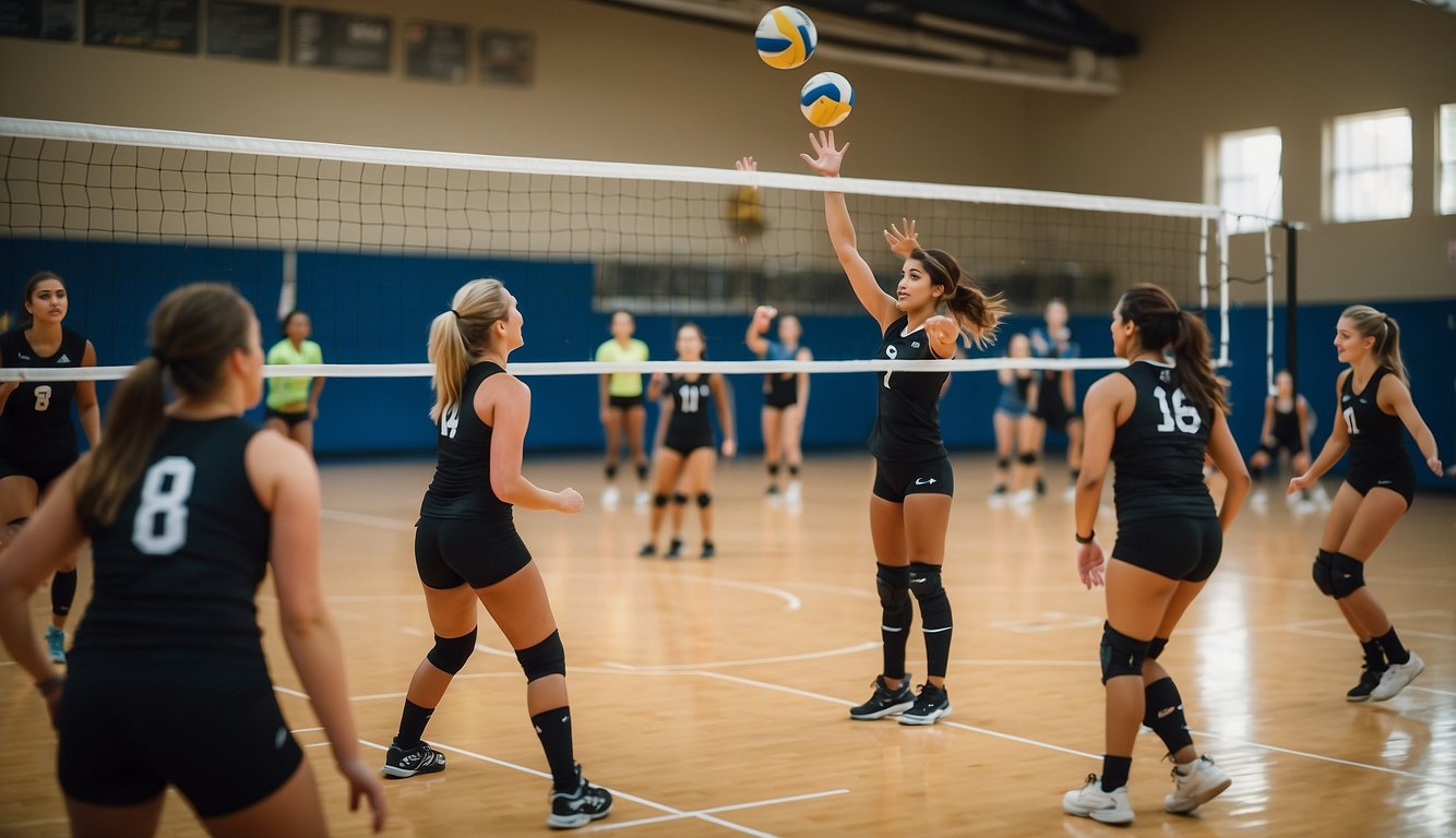 Players engage in team building volleyball drills, practicing serves, sets, and spikes on a sandy court. The team collaborates, communicates, and strategizes to improve their skills