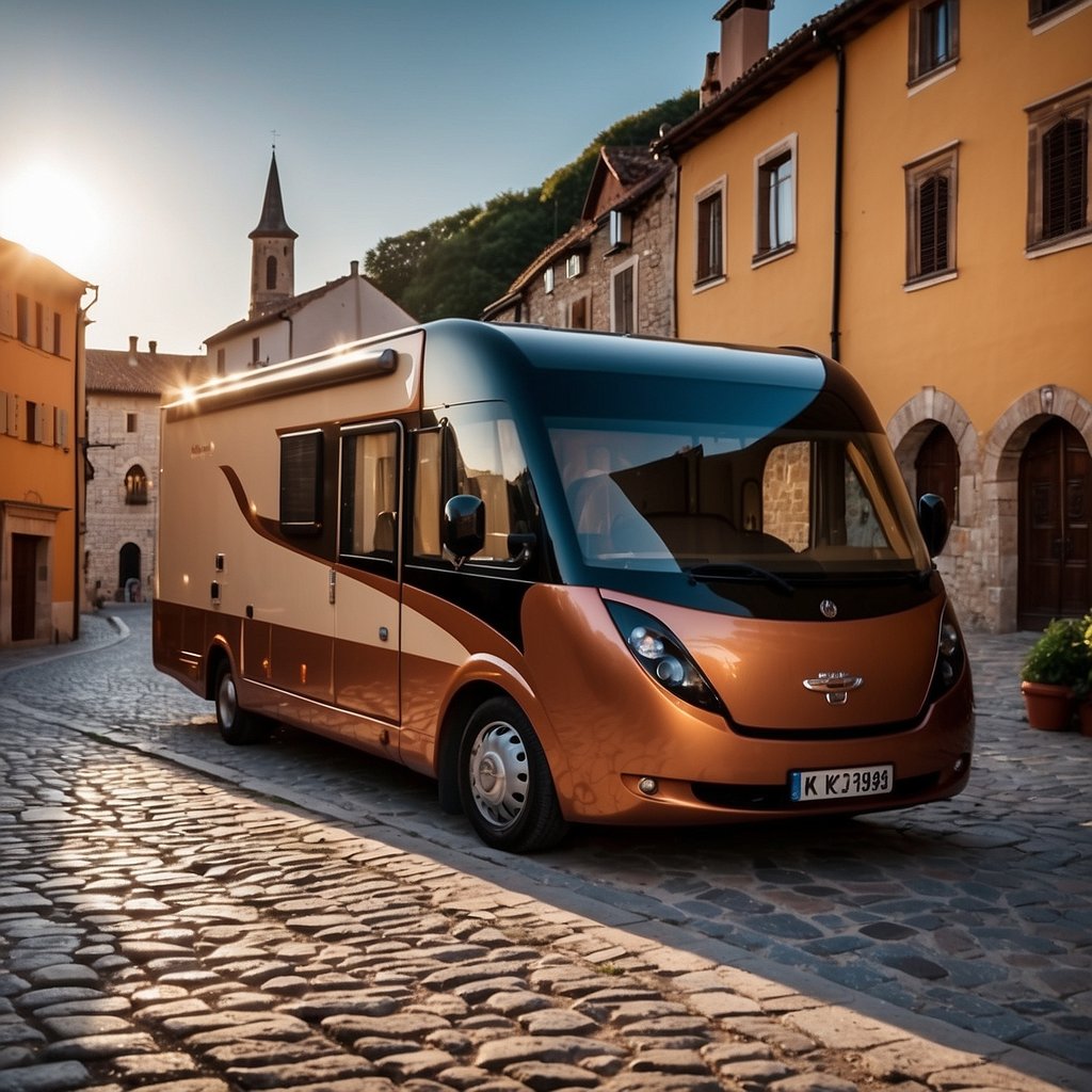 A motorhome parked in a picturesque European village, surrounded by cobblestone streets, colorful buildings, and quaint cafes. The sun sets behind a medieval castle on the hill, casting a warm glow over the
