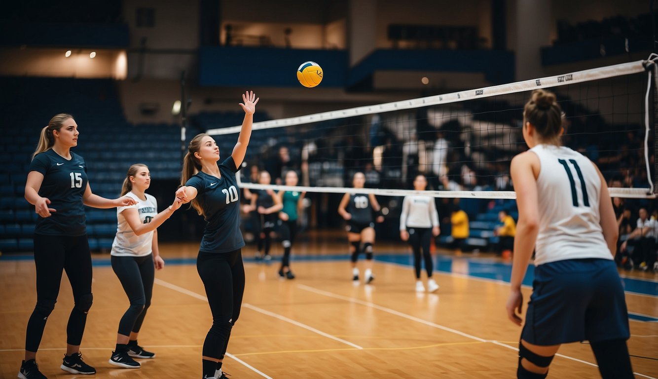 Players setting up volleyball net, organizing FAQ sheets, and practicing drills