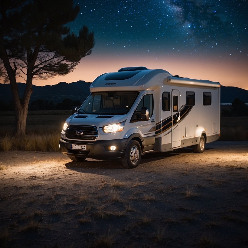 A motorhome parked under a starry sky in a designated overnight parking area