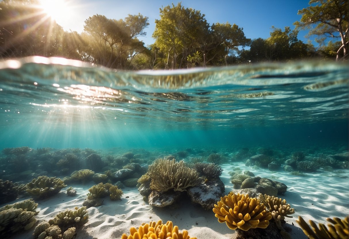 crystal clear water with colorful marine life swimming among vibrant coral reefs