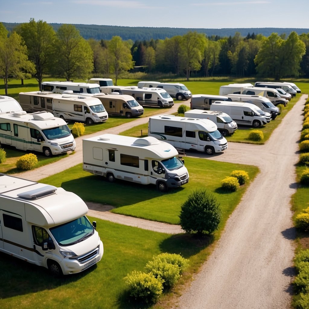 An open field with designated parking spaces for motorhomes, surrounded by trees and with access to amenities like restrooms and waste disposal facilities