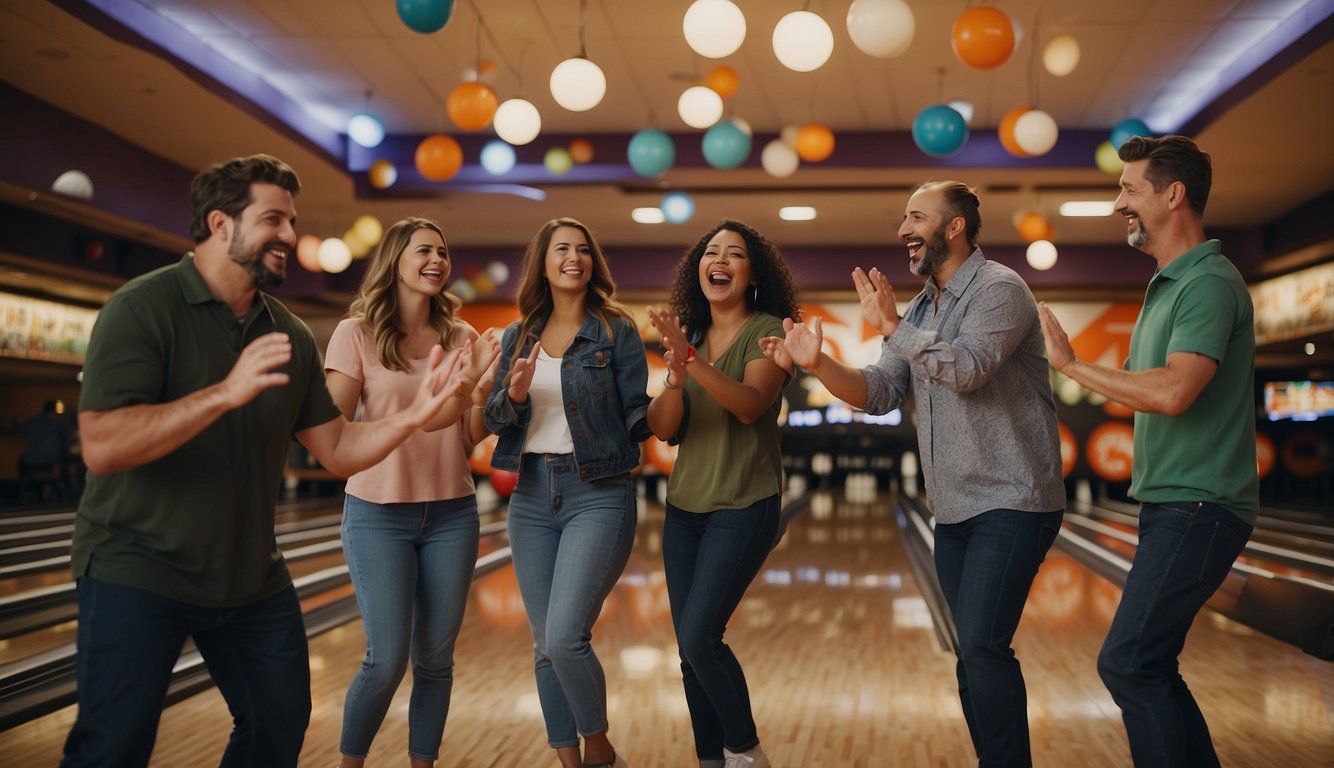 A group of people gather at a bowling alley, cheering and high-fiving after each successful roll. The sound of bowling pins being knocked down fills the air as the team members bond and celebrate their victories