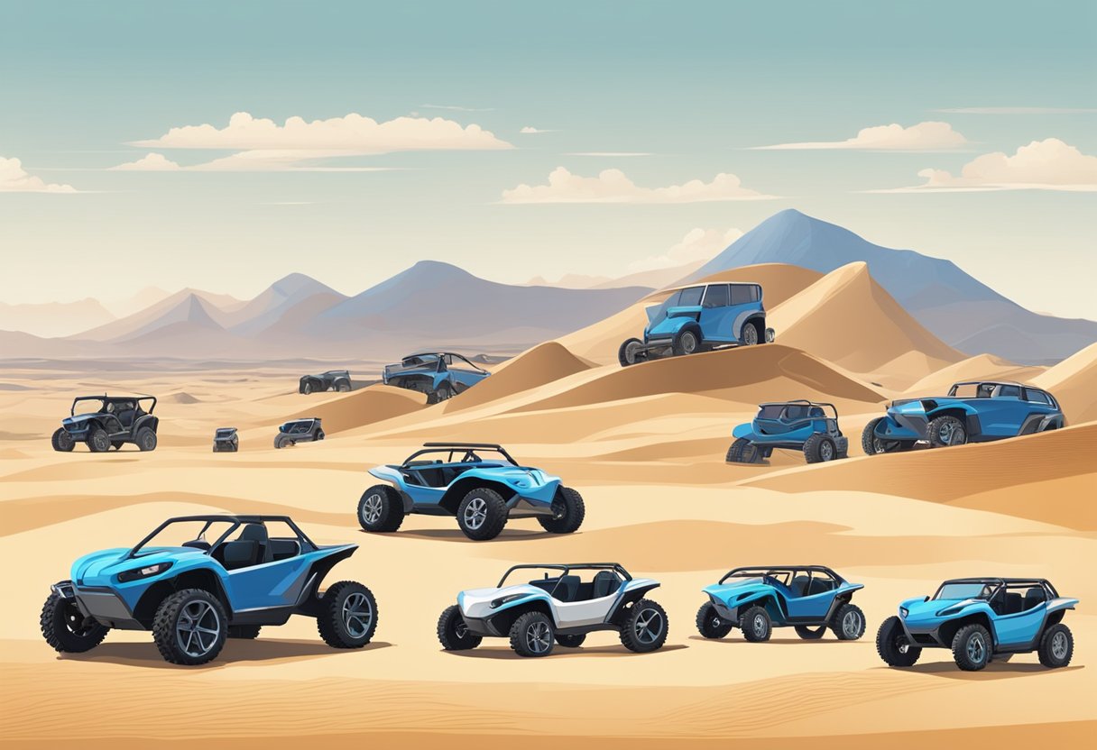 Modern dune buggies parked in a desert setting, with various models on display. Sand dunes in the background, blue sky above