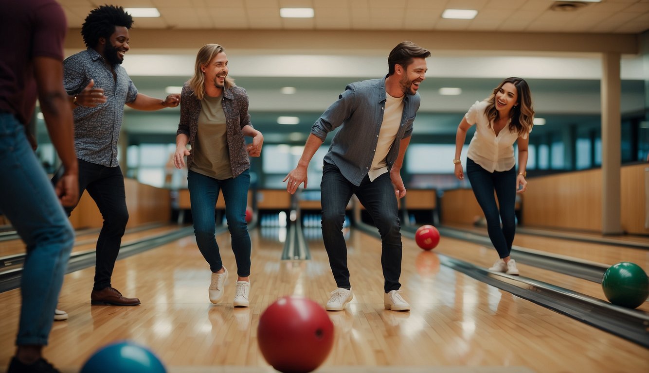 A group of coworkers enjoys a friendly game of bowling at a team building event. Laughter and camaraderie fill the air as the bowling balls roll down the lanes
