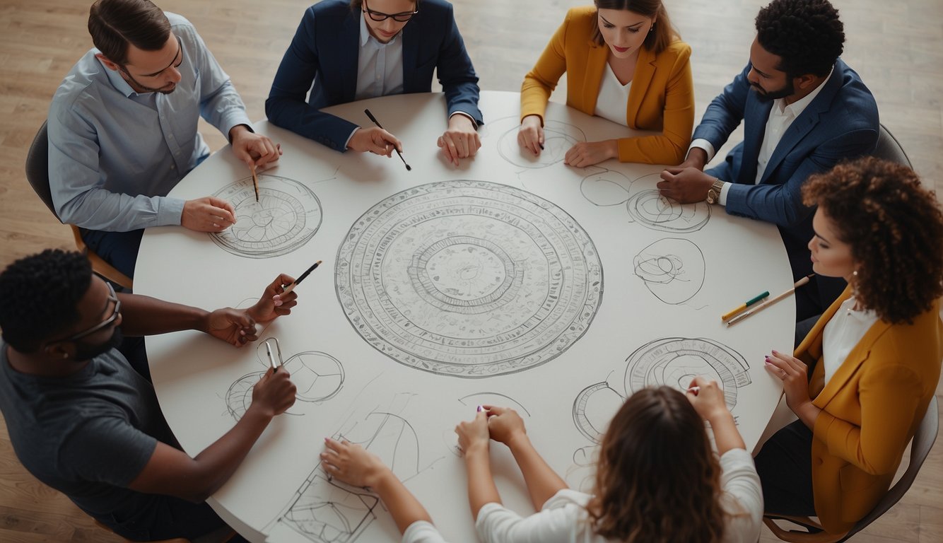 A group of individuals sitting in a circle, each holding a drawing utensil. They are blindfolded and tasked with drawing a specific object without being able to see, relying on communication and teamwork to complete the task