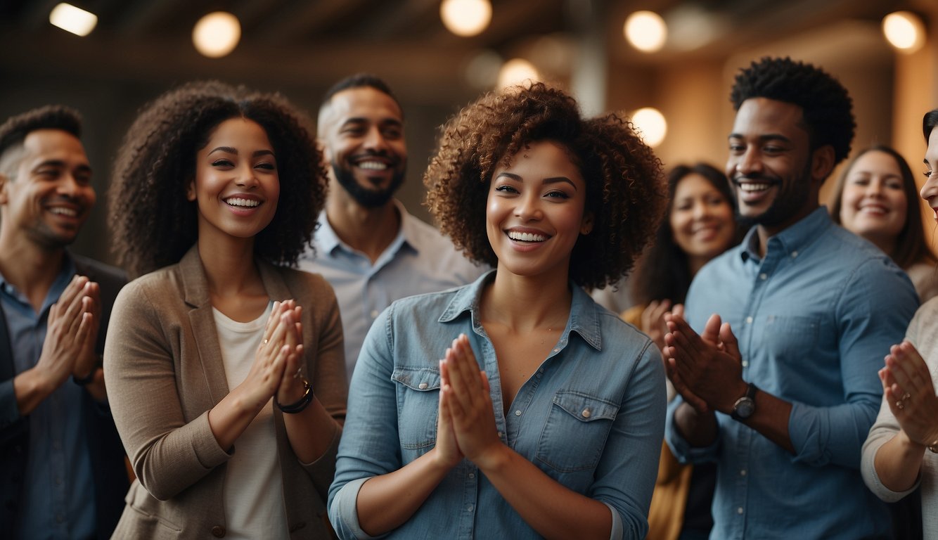 A group of diverse people stand in a circle, smiling and clapping to the beat of uplifting music. They are engaged and energized, creating a positive and inclusive atmosphere