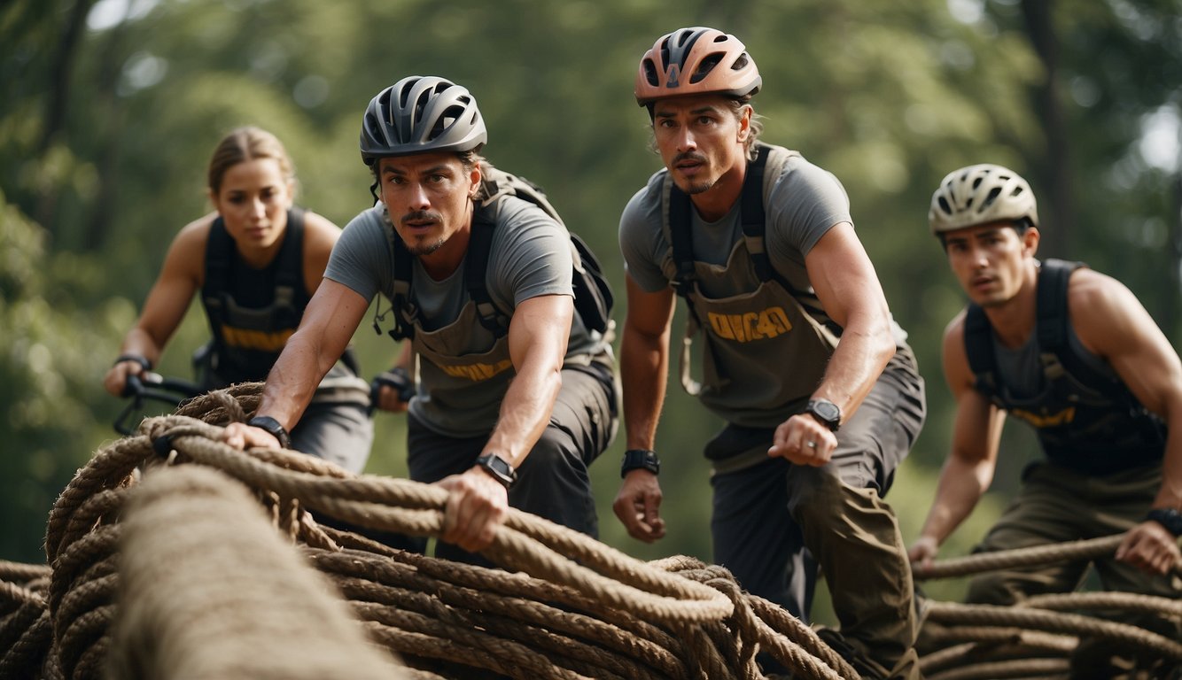 A group navigates a challenging obstacle course, working together to overcome various physical challenges and obstacles