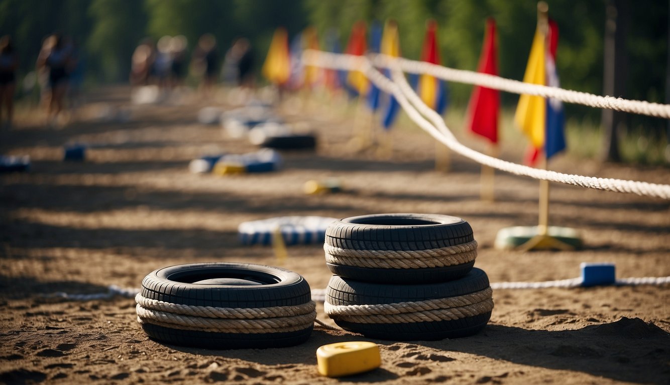 Team building obstacle course: ropes, tires, and balance beams arranged in a challenging layout. Flags mark the start and finish lines, with a stopwatch nearby