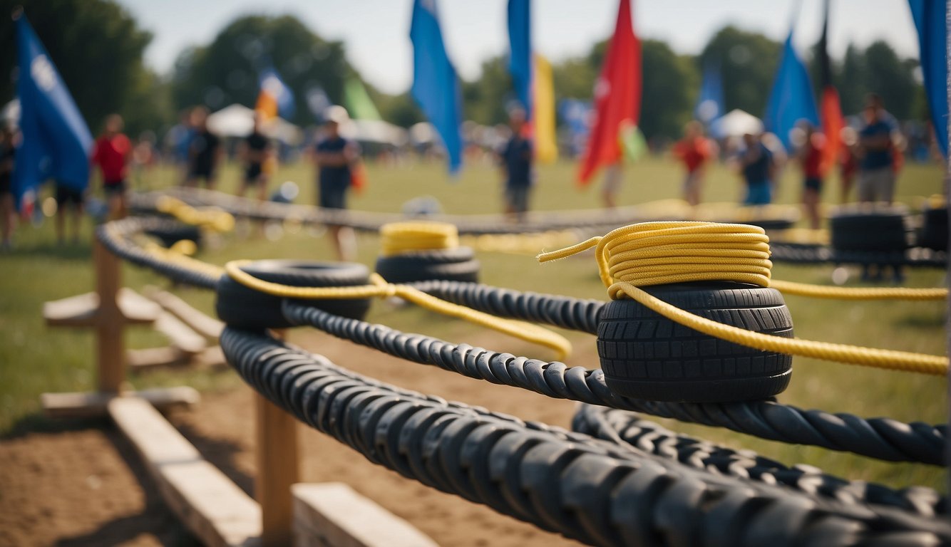 Team building obstacle course: ropes, tires, and balance beams arranged in a challenging layout. Flags mark the finish line