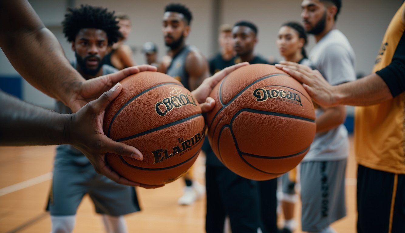 Basketballs being passed between players in a circle. Cones set up for dribbling drills. Coach instructing and encouraging the team