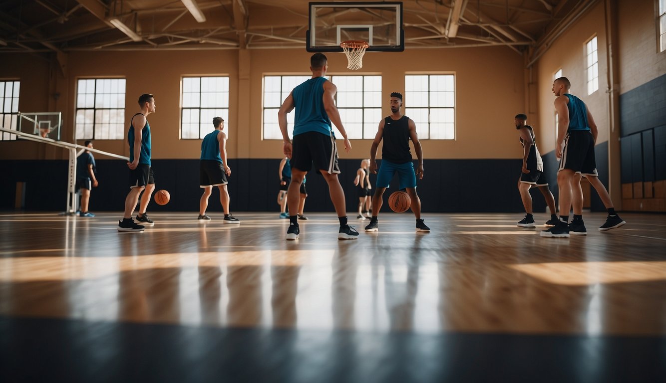 Players engage in dynamic stretches, jogging, and agility drills on the basketball court. Cones and agility ladders are set up for various warm-up exercises