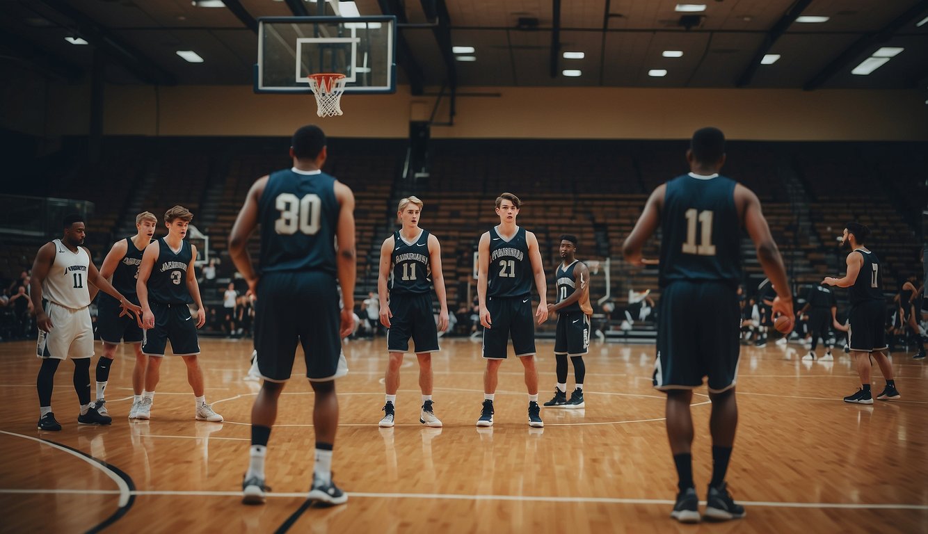 Players practicing passing, shooting, and defensive drills on a basketball court