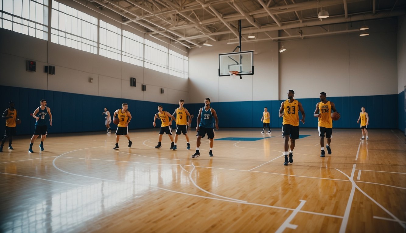 A basketball court with players running drills and practicing teamwork