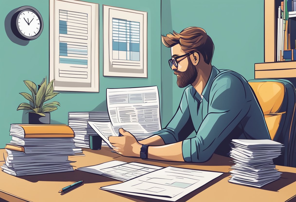 A person contemplating between paying off a mortgage with a 401k, surrounded by financial documents and retirement planning materials