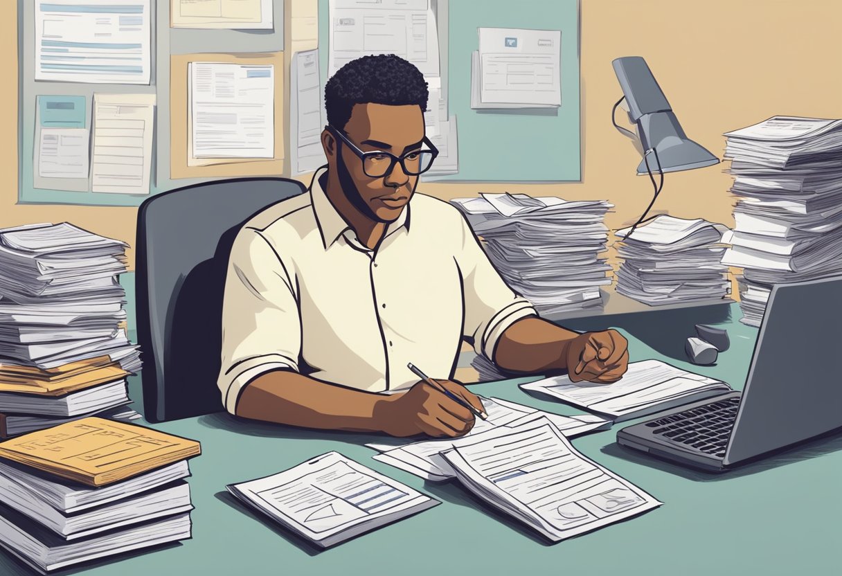 A person sitting at a desk, surrounded by paperwork and calculators, pondering the decision to use their 401k to pay off their mortgage in retirement