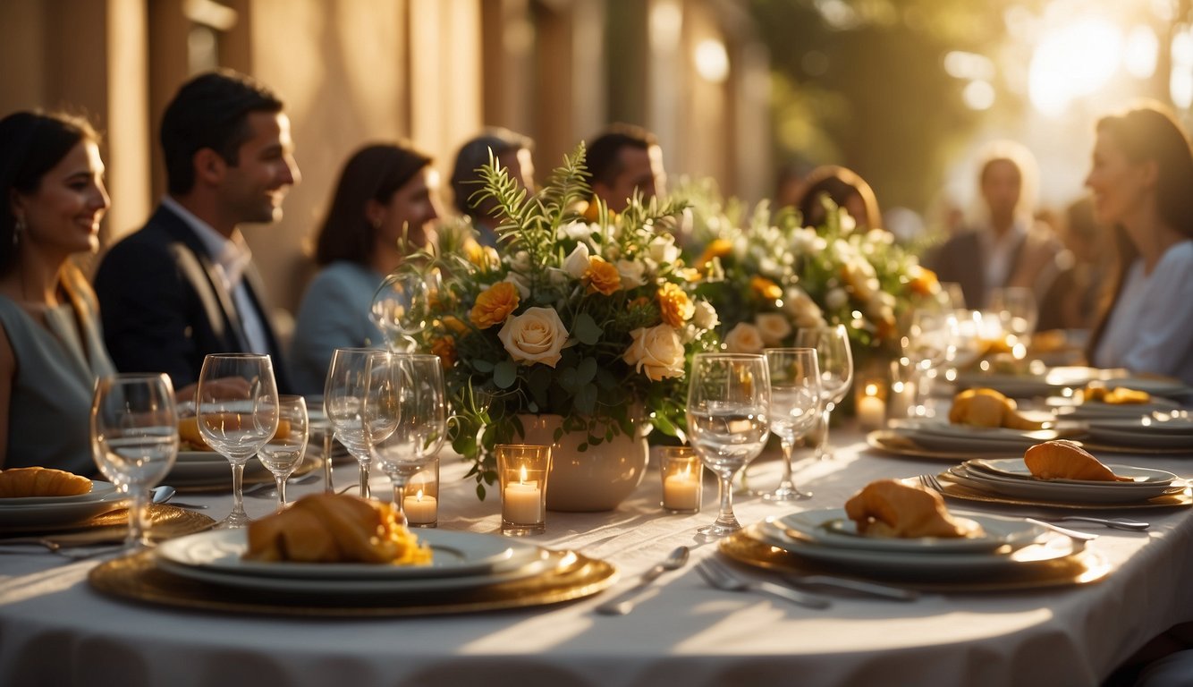 A long table set with elegant place settings, surrounded by colleagues engaged in lively conversation and laughter. A warm, inviting atmosphere with soft lighting and a sense of camaraderie