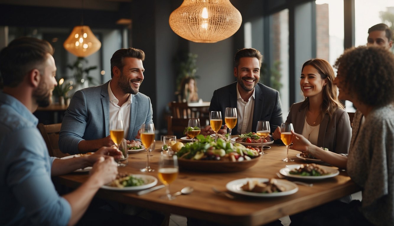 A group of people sit around a table, laughing and enjoying a team building dinner. The table is set with delicious food and drinks, creating a warm and inviting atmosphere