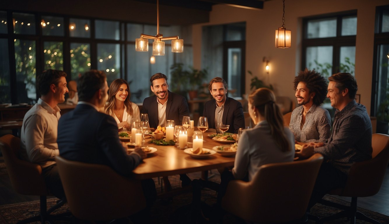 A group of colleagues sit around a table, sharing laughter and stories. The warm glow of candlelight illuminates the room as they enjoy a delicious meal together, strengthening their team bonds