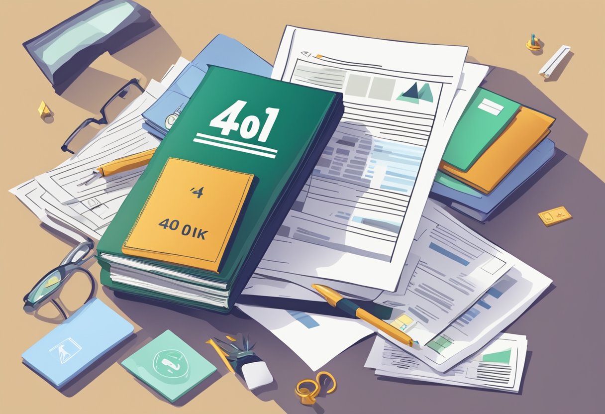 A stack of financial documents with "401k" prominently displayed, surrounded by symbols of freedom and financial security
