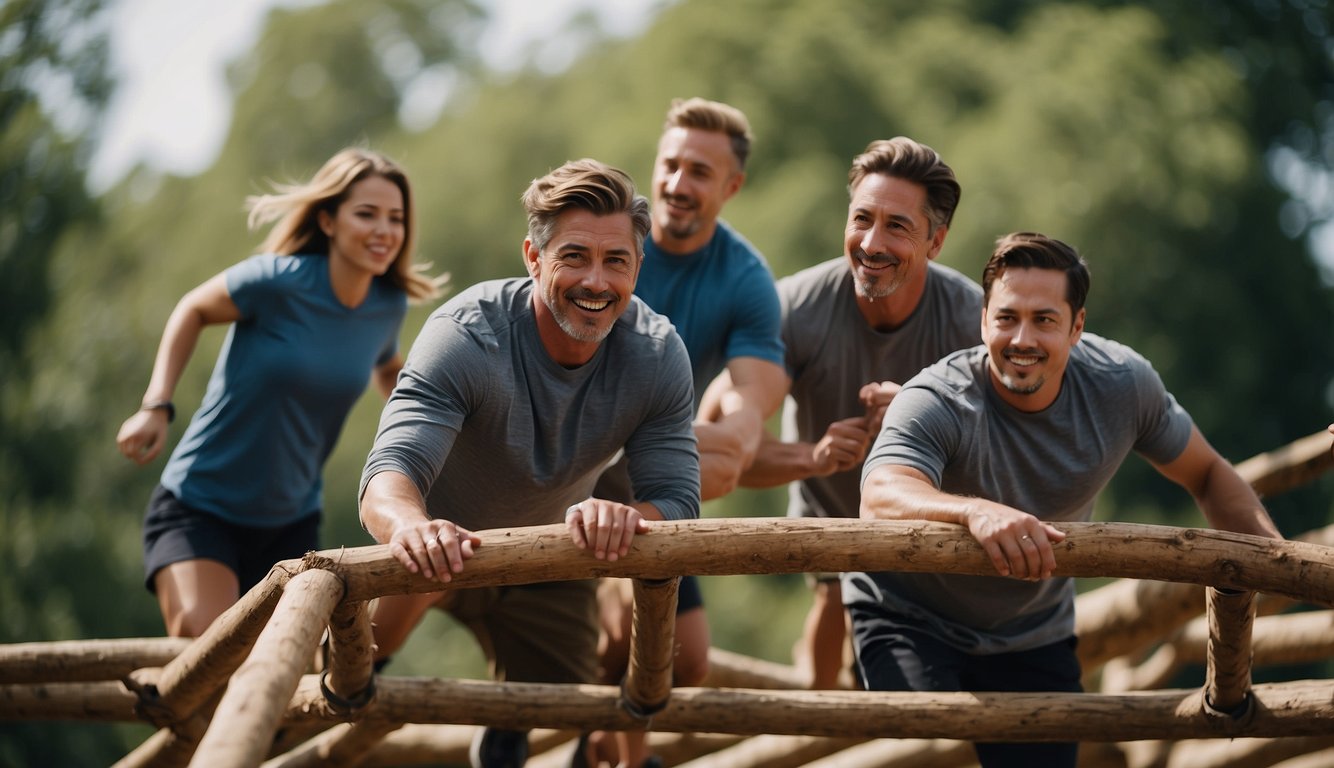 A group of coworkers navigate an outdoor obstacle course, working together to overcome challenges and build camaraderie