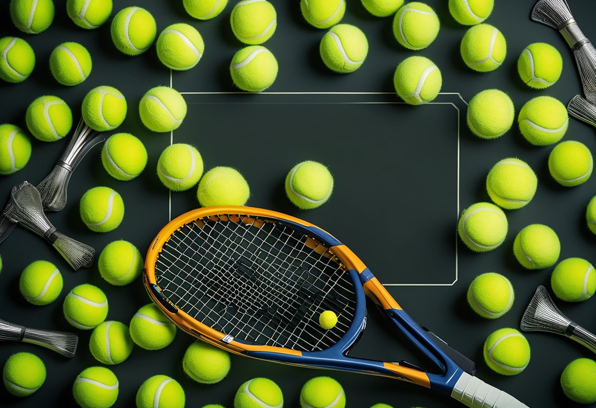 A tennis racket and tennis balls placed next to a price tag showing a high cost, with arrows pointing up to symbolize market factors influencing expensive tennis lesson prices