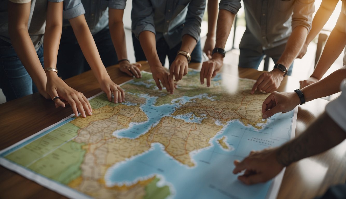 A group of people gather around a map, pointing and discussing. They are planning a team building field trip, with excitement and collaboration in the air