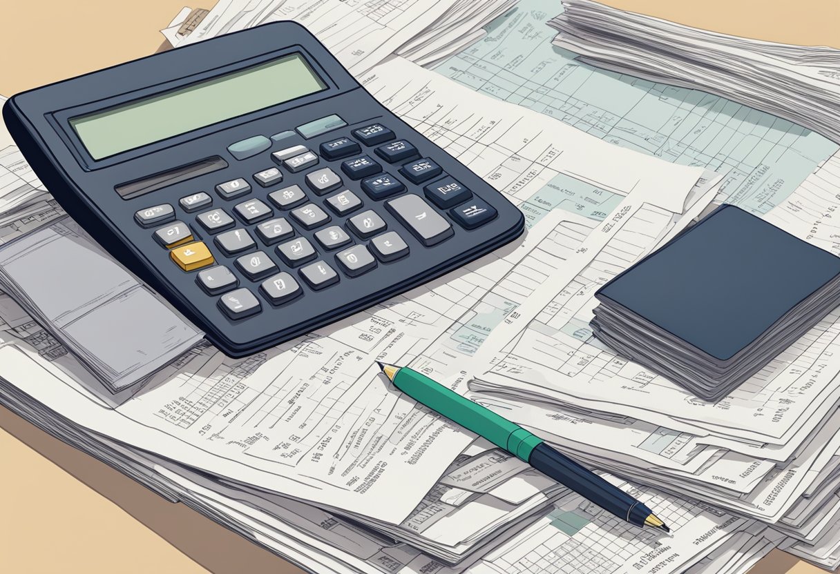 A stack of bills and receipts on a desk, with a calculator and financial documents scattered around. A 401k statement sits prominently on the desk, symbolizing financial planning and expenses
