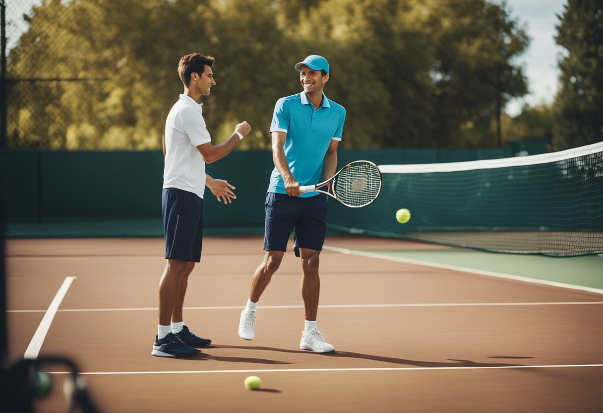 A tennis court with a coach giving lessons to a student, surrounded by expensive equipment and a high-end facility