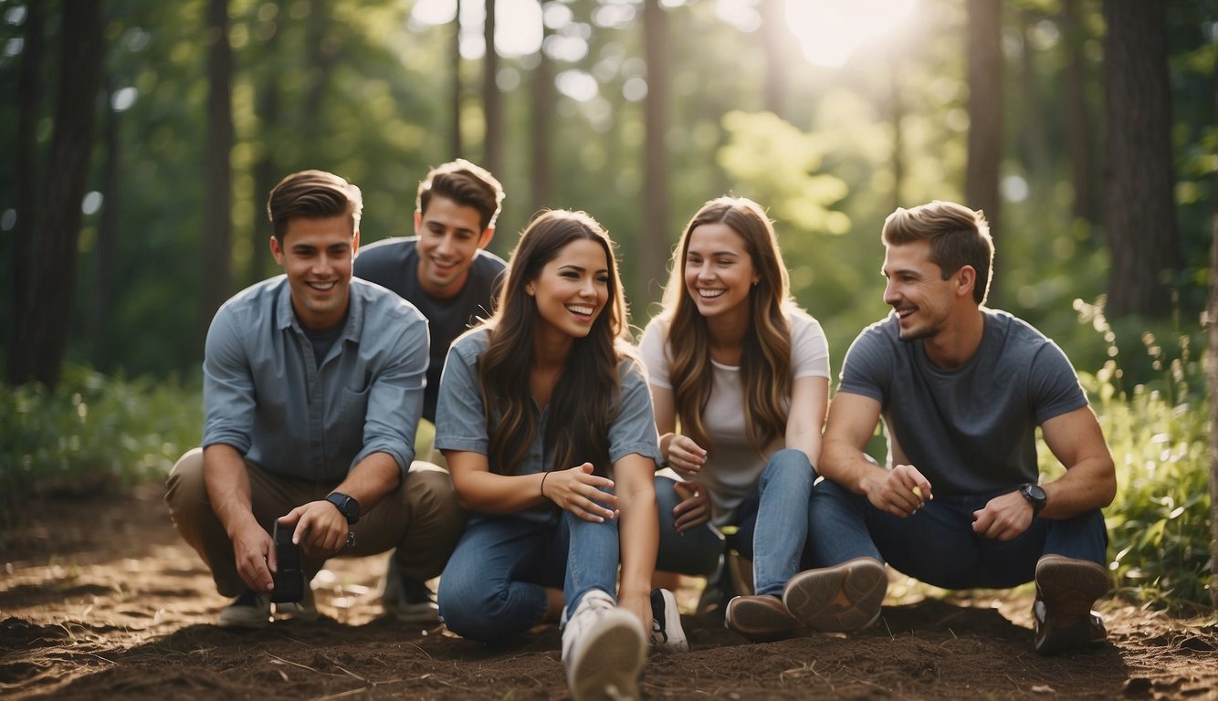 A group of people engage in team building activities outdoors, participating in field trips and bonding exercises