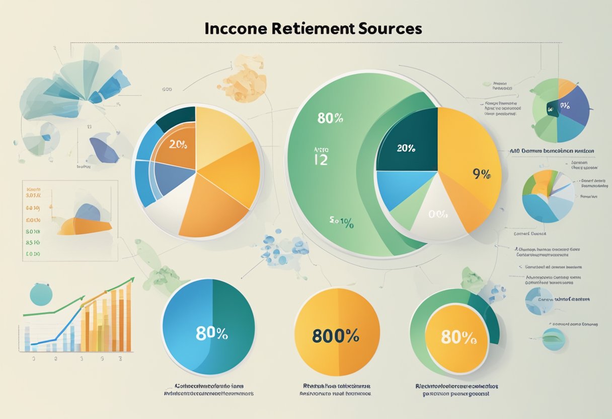 A table with various income sources labeled, 80% of retirement income highlighted. Charts and graphs showing income distribution