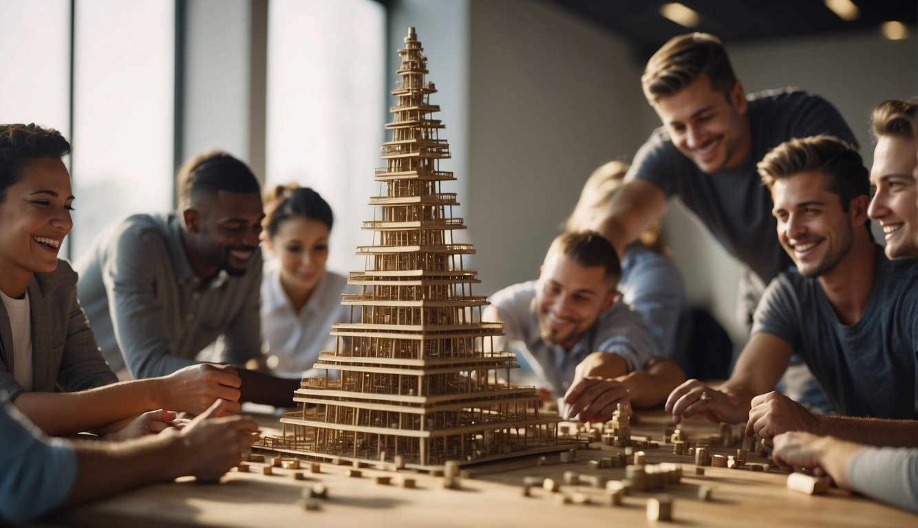 A group of individuals work together to build a tower, competing and collaborating to reach the highest point possible