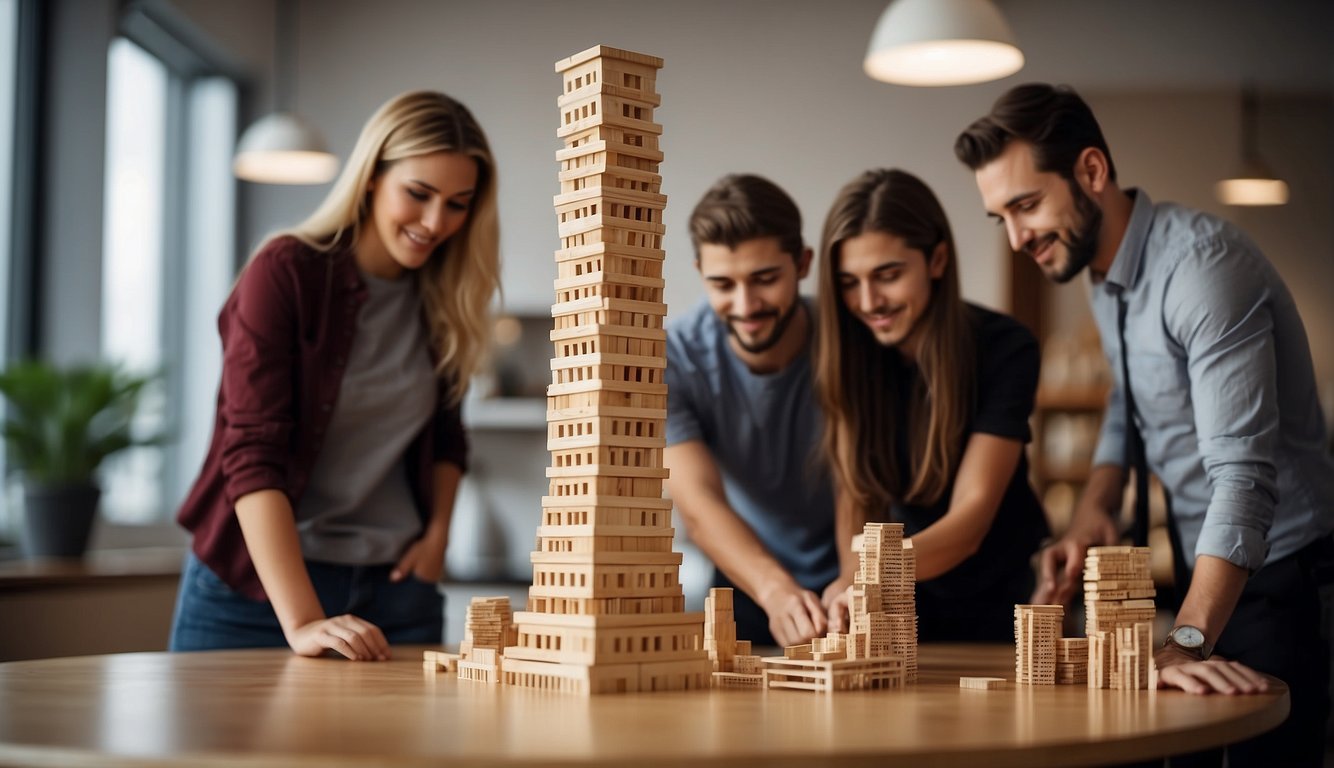 A group of people standing around a table, constructing a tall tower using various materials like blocks or straws