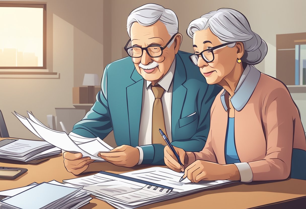 A senior couple reviewing healthcare documents at a table, with a stack of papers and a calculator. They appear focused and engaged in managing their retirement healthcare