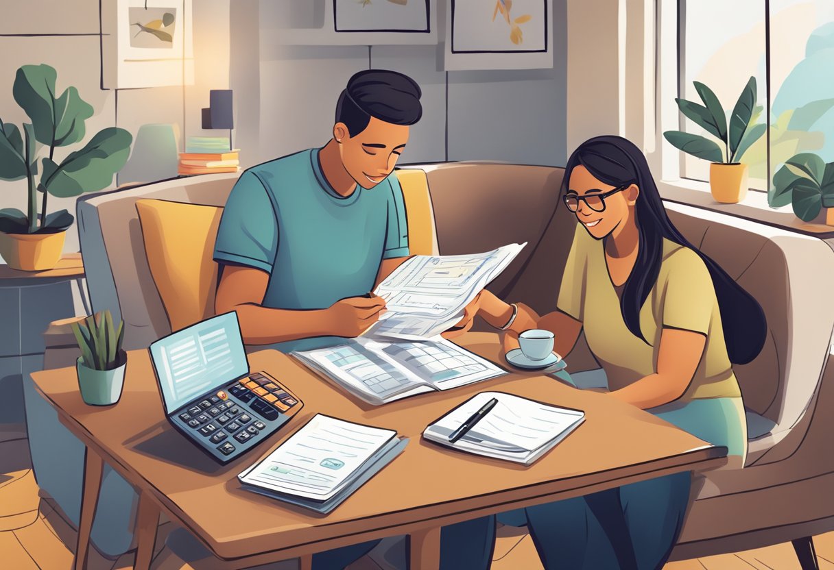 A cozy living room with a budget planner, calculator, and retirement savings guide open on a table. A couple discussing financial plans with a look of determination and focus