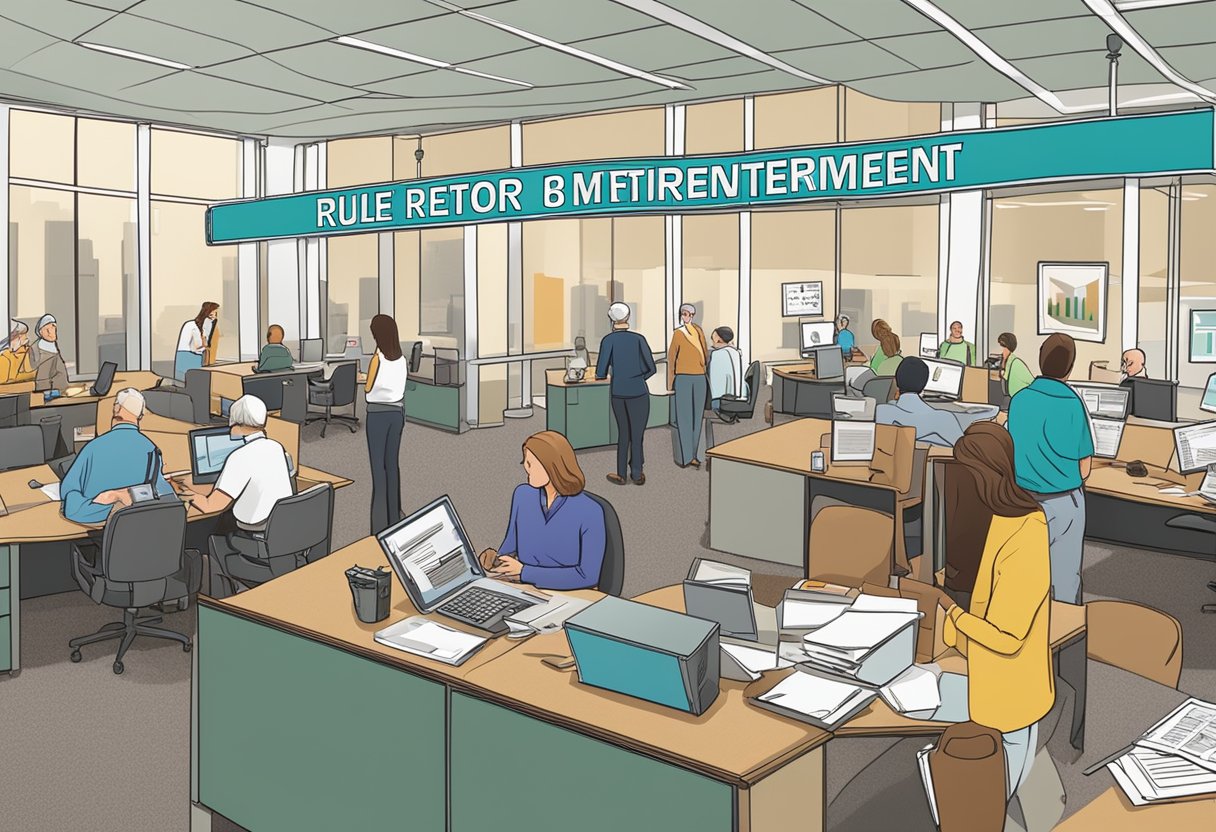 A large sign with bold lettering "80 Rule for Retirement" displayed prominently in a busy office setting with people seeking information