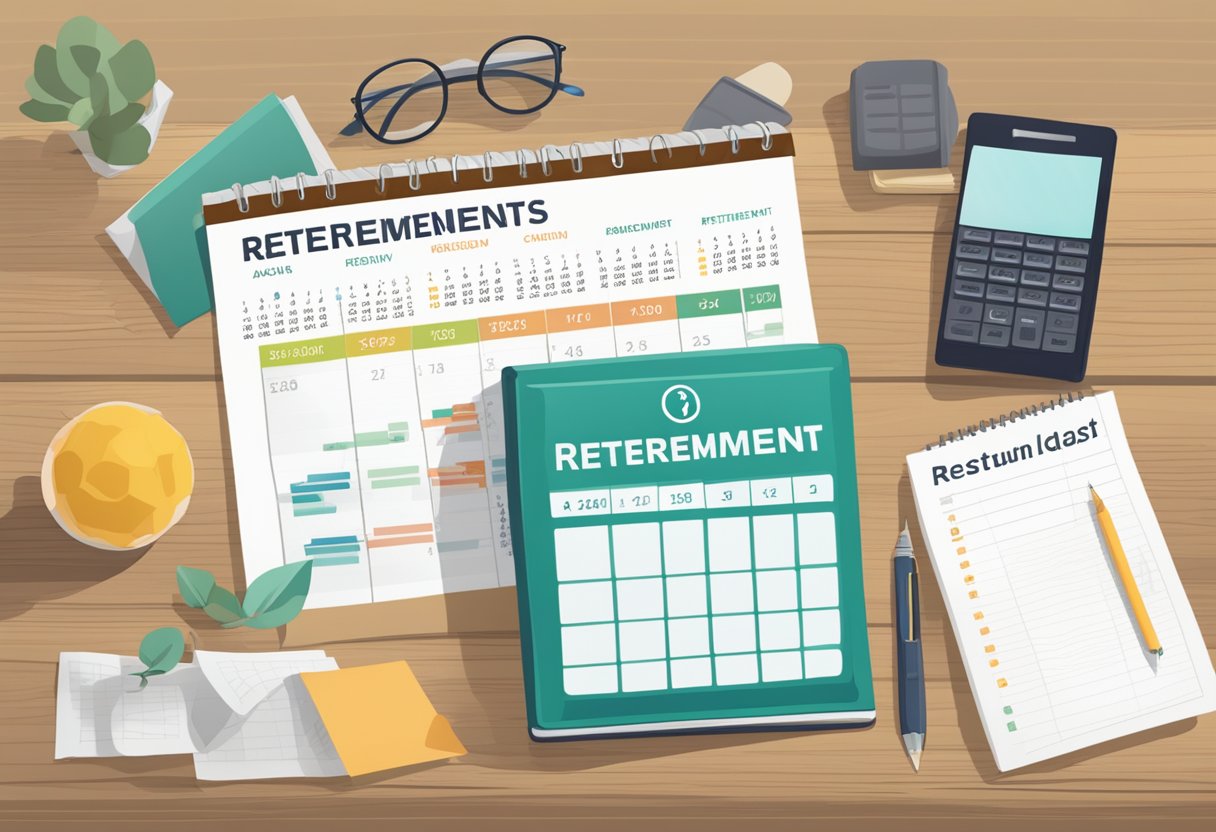 A table with three objects: a retirement savings account statement, a calendar with the date of retirement circled, and a list of three retirement goals