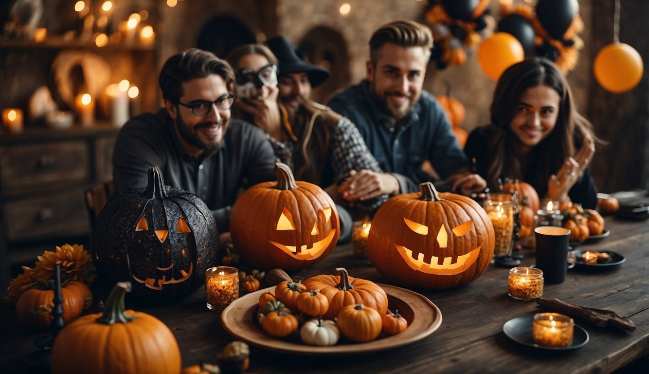 A group of coworkers gather around a table covered in Halloween decorations, brainstorming team building activities for the upcoming event