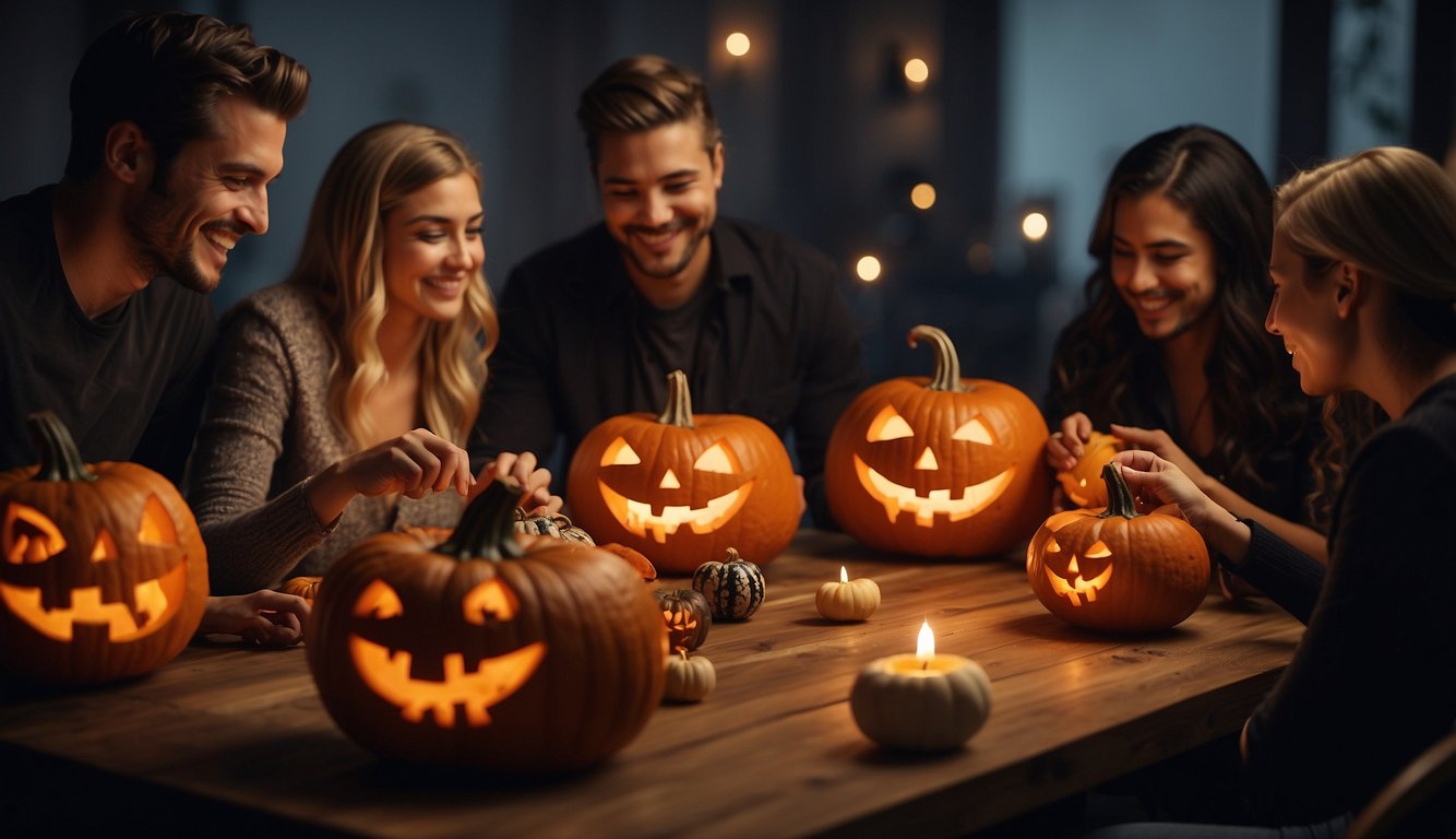 A group of coworkers gather around a table, carving pumpkins and decorating them with spooky designs. Laughter and chatter fill the room as they work together to create their Halloween masterpieces