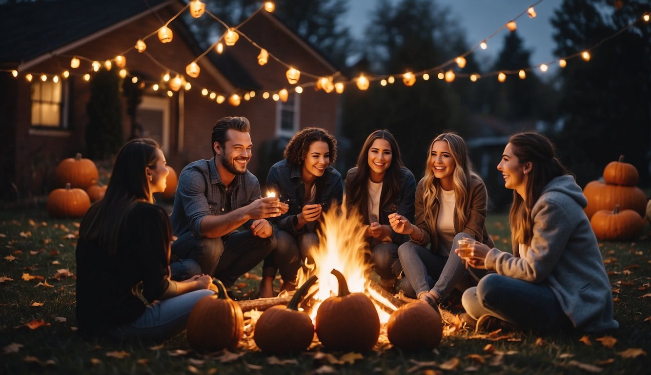 A group of people gather around a bonfire, laughing and enjoying Halloween-themed games and activities. Pumpkins and spooky decorations adorn the area, creating a festive atmosphere
