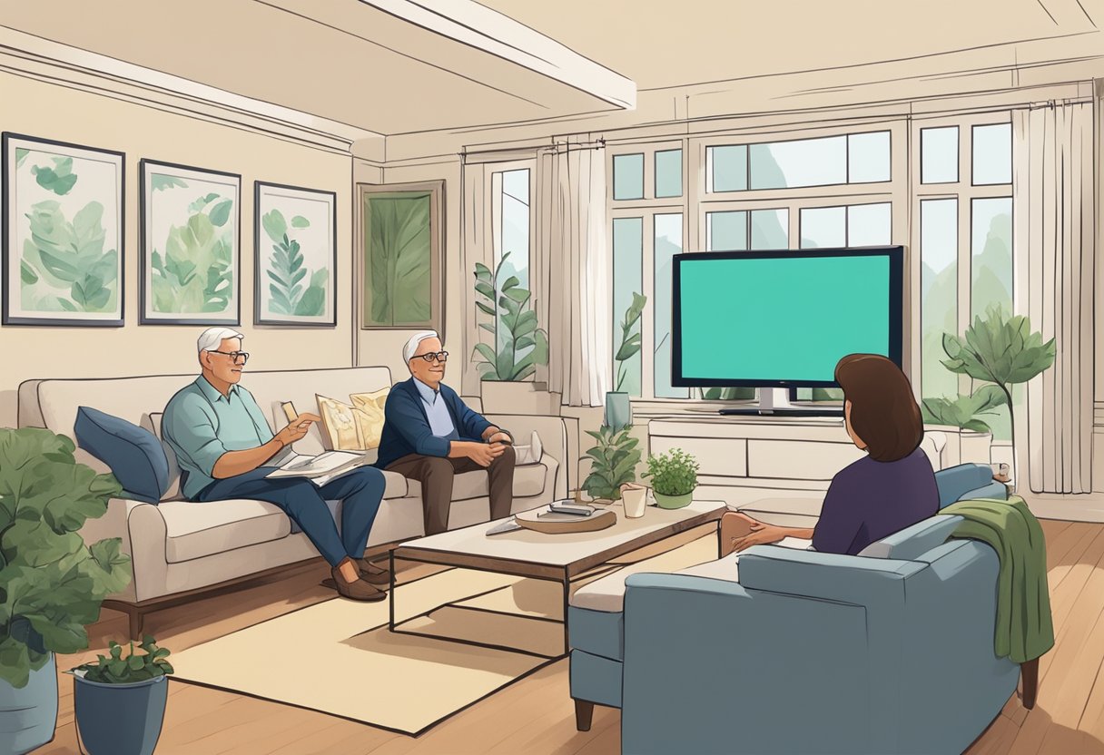 A cozy living room with a financial advisor explaining the "3 rule" in retirement to a couple, while pointing to a chart on a large TV screen
