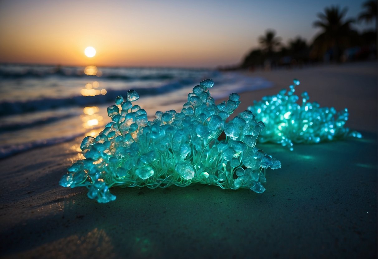 The florida bioluminescence beach glows at night with blue-green light shimmering on the waves