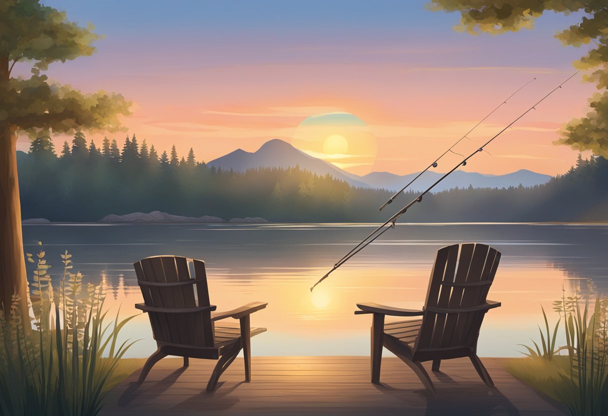 A peaceful sunset over a tranquil lake, with a fishing rod leaning against a chair and a retirement countdown calendar on the table