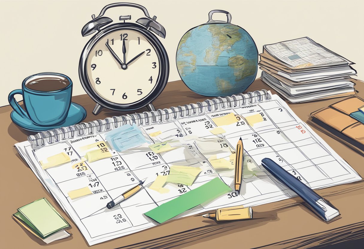 A clock on a desk showing late hours, a pile of unfinished work, and a calendar with no vacation days left