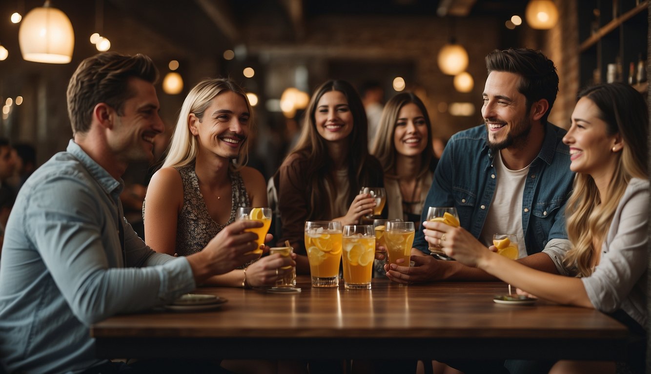 A group of people gather around a table with drinks, engaged in lively conversation and laughter, creating a warm and welcoming atmosphere